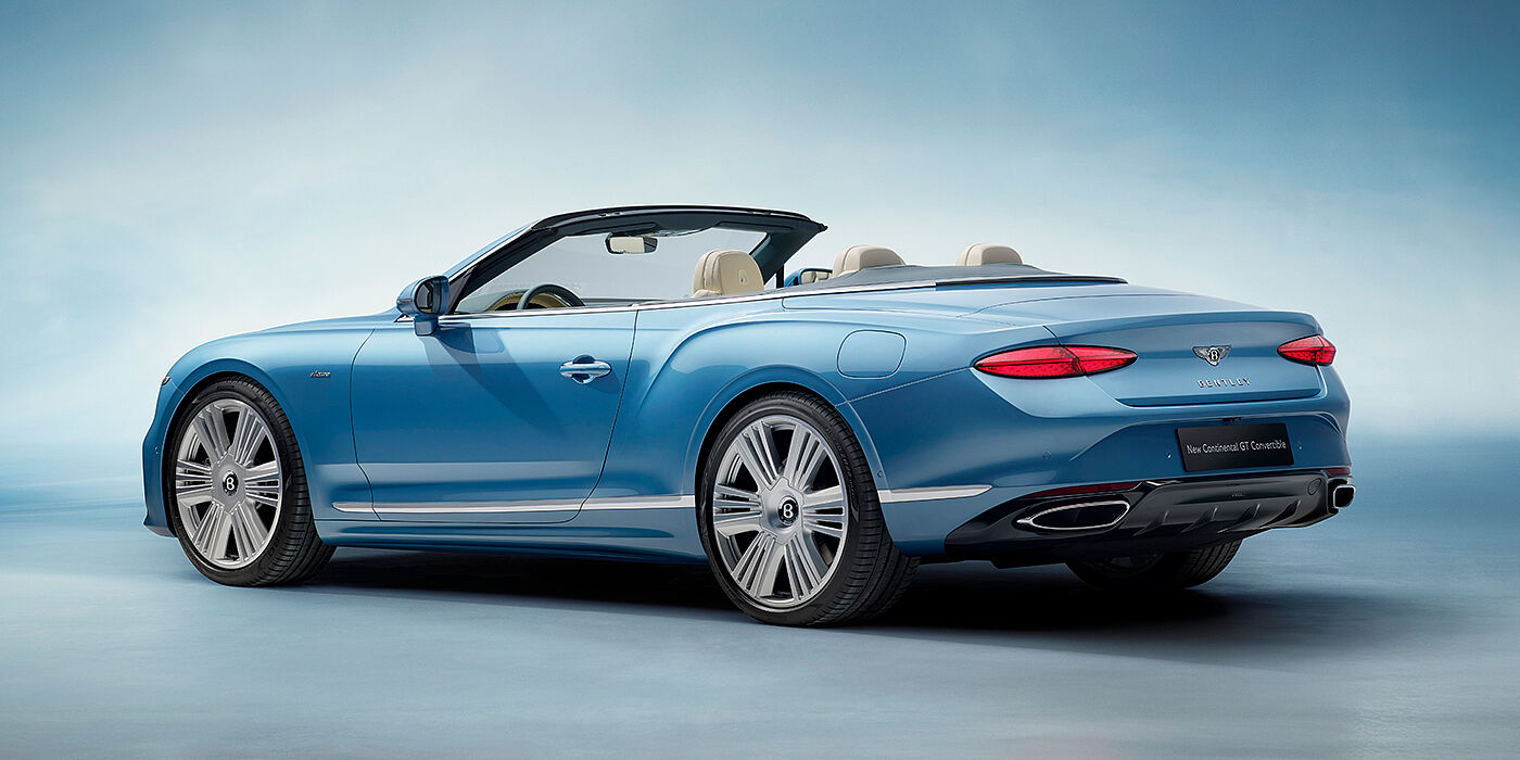 Bentley Bangkok New Bentley Continental GTC Azure convertible rear view in Light Windsor blue paint with 22 inch ten spoke wheels and chrome exterior details