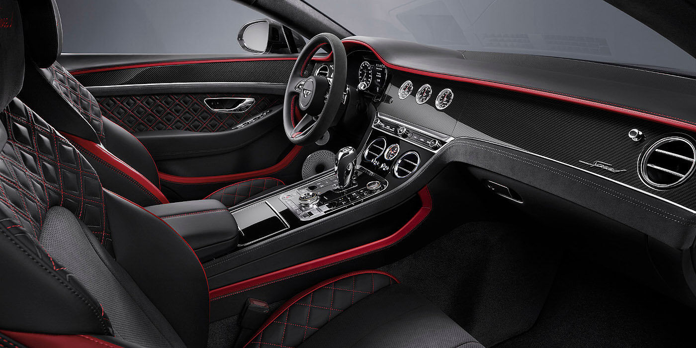 Bentley Bangkok Bentley Continental GT Speed coupe front interior in Beluga black and Hotspur red hide