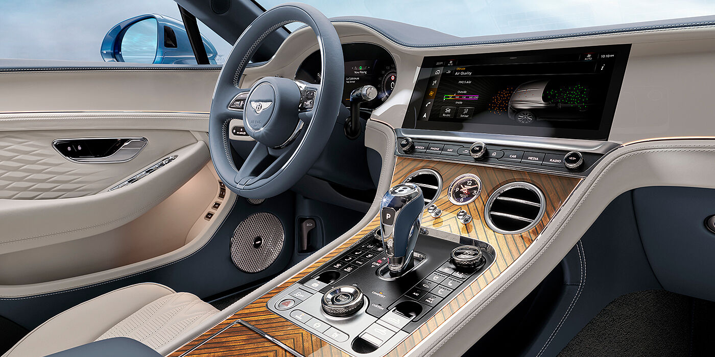 Bentley Bangkok New Bentley Continental GTC Azure convertible interior front cabin view with Linen and Brunel hides and Piano Linen by Mulliner veneer featuring centre console and centre MMI screen