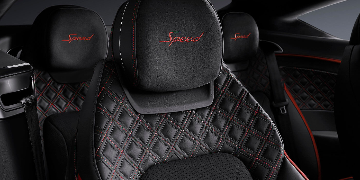 Bentley Bangkok Bentley Continental GT Speed coupe seat close up in Beluga black and Hotspur red hide