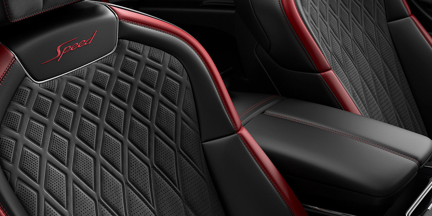 Bentley Bangkok Bentley Flying Spur Speed sedan seat stitching detail in Beluga black and Cricket Ball red hide
