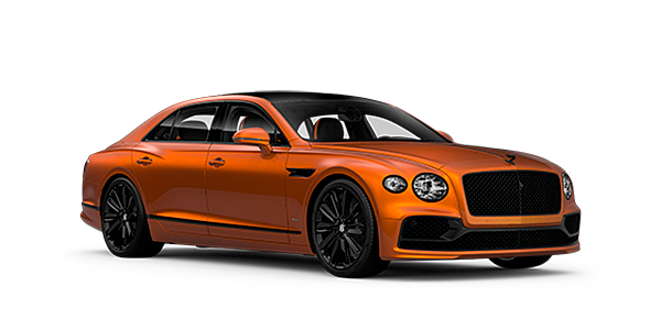 Bentley Bangkok Bentley Flying Spur Speed front side angled view in Orange Flame coloured exterior. 