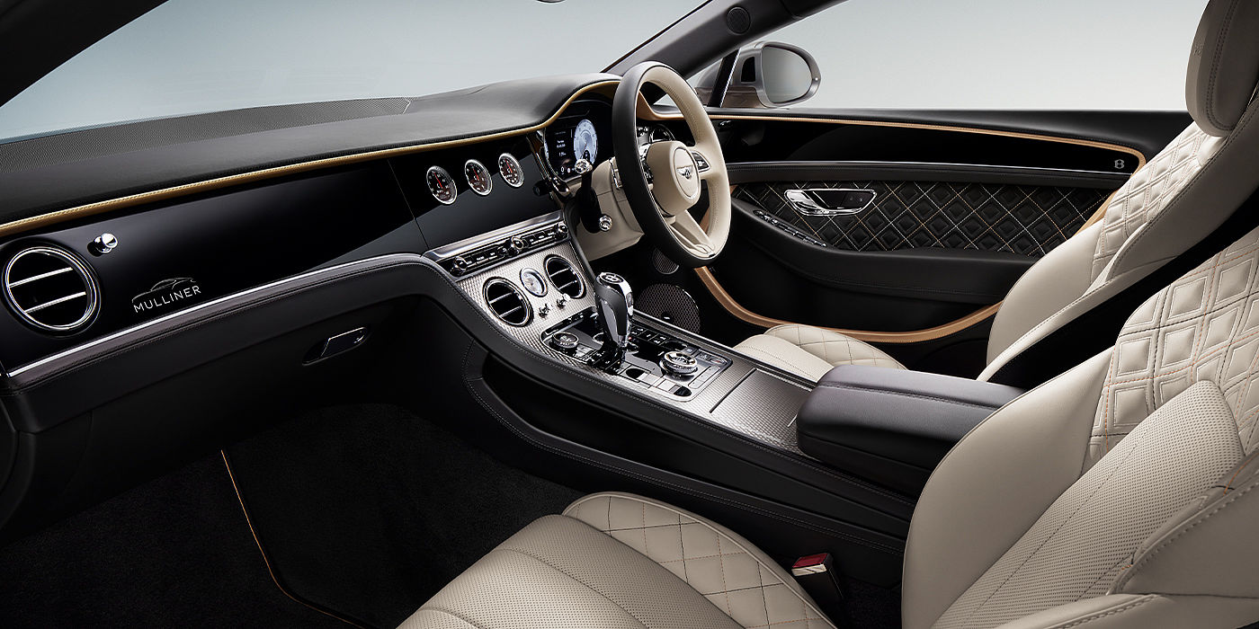 Bentley Bangkok Bentley Continental GT Mulliner coupe front interior in Beluga black and Linen hide