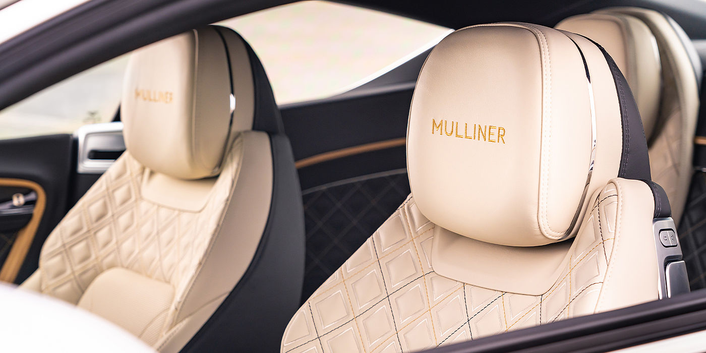 Bentley Bangkok Bentley Continental GT Mulliner coupe seat detail in Beluga black and Linen hide