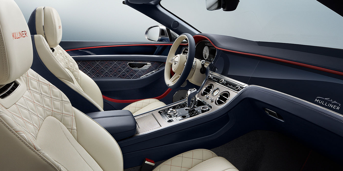 Bentley Bangkok Bentley Continental GTC Mulliner convertible front interior in Imperial Blue and Linen hide