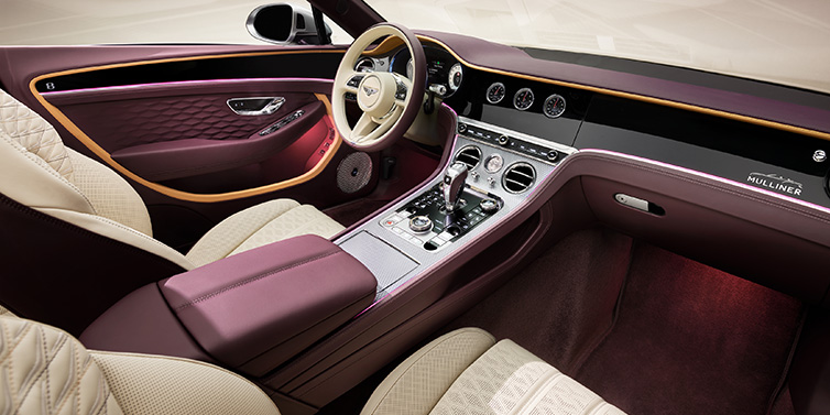 Bentley Bangkok Bentley Continental GTC Mulliner convertible front interior including Linen and Damson purple hides and Grand Black veneer
