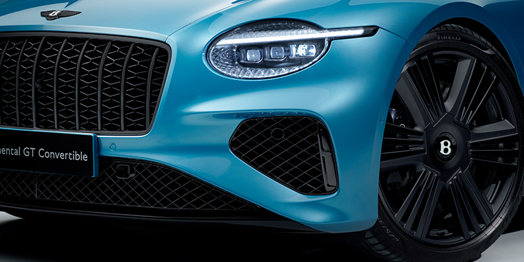 Bentley Bangkok New Bentley Continental GT Azure coupe bonnet detail with Blackline Specification including black grille and wheels with Light Windsor blue paint