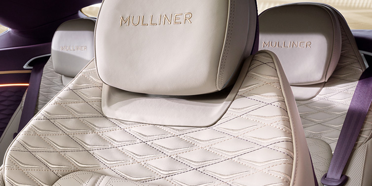 Bentley Bangkok Bentley Continental GT Mulliner coupe seat detail in Linen leather with Mulliner Diamond in Diamond quilting and Mulliner embroidered seat emblem